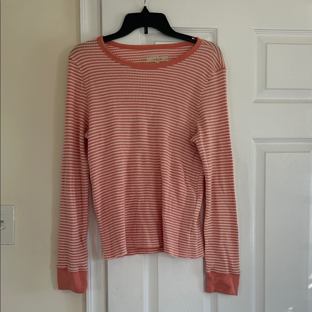 American Eagle Outfitters Coral and White Striped Long-Sleeve Top